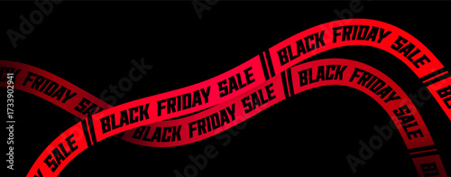Red Ribbons Black Friday Banner Promotion. Ad Tapes for Promotional Offers for Holiday Discount, Retail Promo, Web, Social Poster. Original Curved Lines to Increase Sales of Shop. Vector Illustration