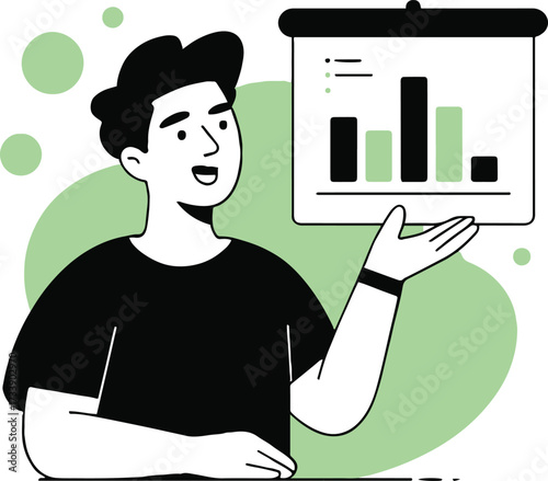 Vector art of a man is presenting data on a screen he is gesturing towards the graphs, indicating his expertise in data analysis