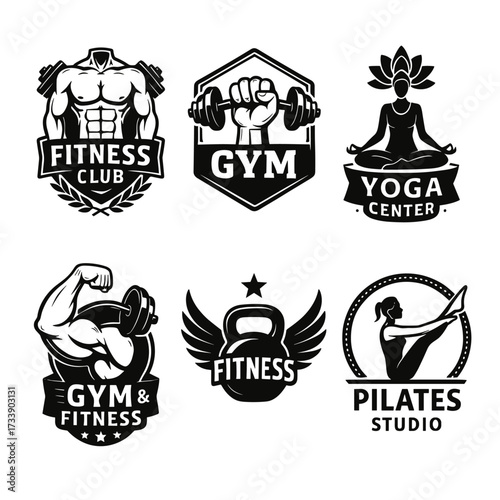 Fitness and gym vector badges emblems design set