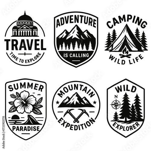 Travel camping adventure badges and emblems vector set