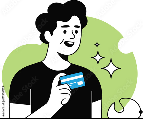 Vector art of happy man holding a credit card, he is smiling and excited to make a purchase or pay a bill the background is a light green circle