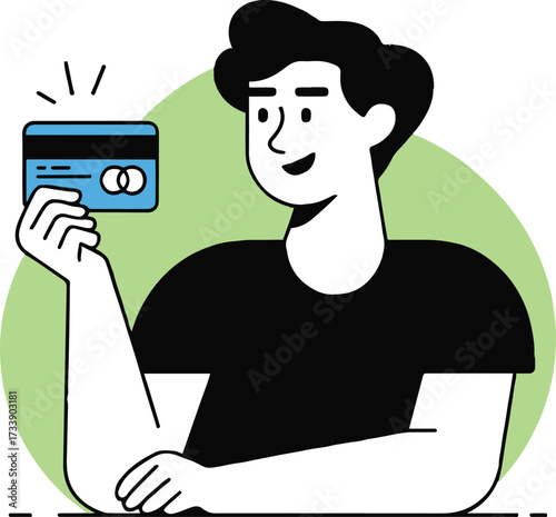 Vector art of cheerful man holding a credit card, he is smiling and happy to make a purchase or pay a bill the background is a light green circle