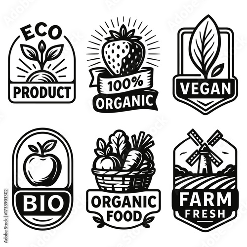 Green eco vegan organic emblems badges design set