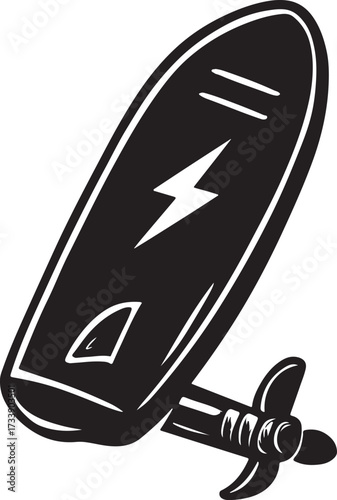Stylized black and white illustration of a surfboard with a lightning bolt symbol and a small outboard motor attached