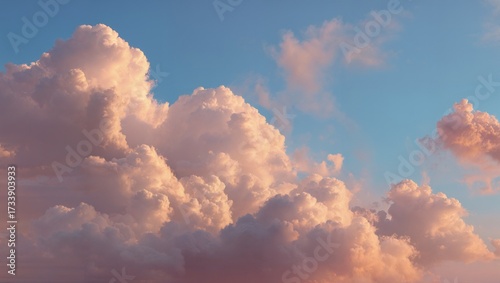 Pastel pink and peach cumulus clouds over clear blue sky at golden hour soft lighting fluffy cloudscape serene horizon atmospheric sunset tones dreamy background