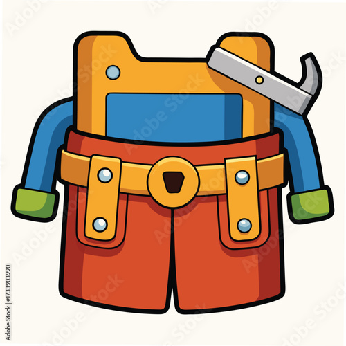 Cartoon construction worker's tool belt with tools on beige background Keywords: tool belt, cartoon