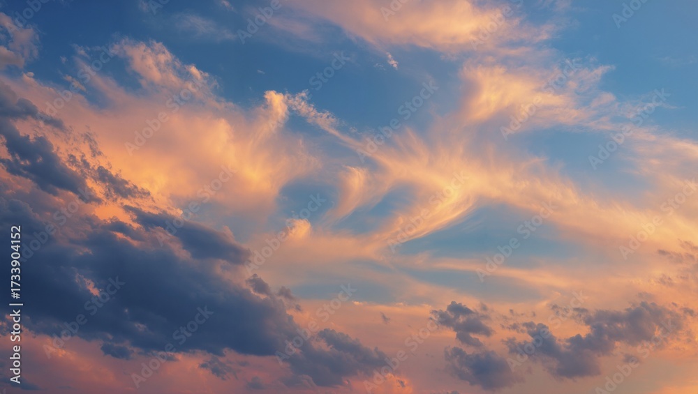 Fototapeta premium Pastel sunset clouds swirling wispy cirrus and soft cumulus over vast blue sky with warm orange pink glow and subtle evening light dramatic cloudscape and tonal hues
