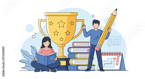 Achieving academic success through diligent study and effective learning strategies with a celebratory trophy and educational tools.