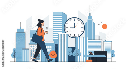 A person walking in a city with a clock in the background signifying the passage of time during the day.