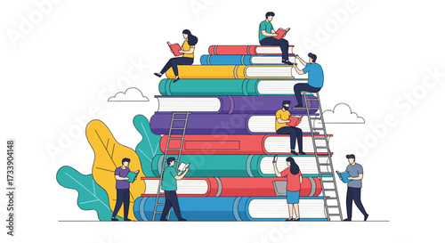 A vibrant illustration of diverse people learning and reading books stacked high.