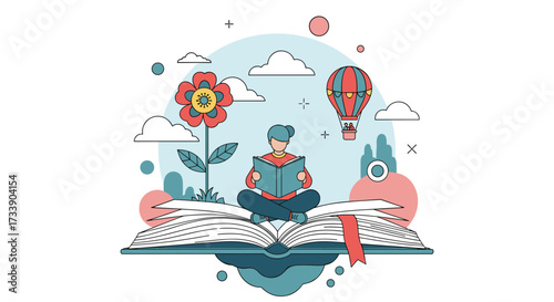 A person reading a book with a large flower and a hot air balloon in the background.