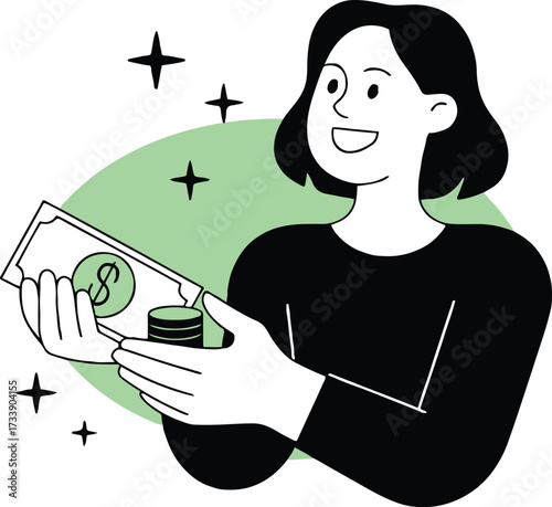 Vector art of a cheerful woman holding money and coins, set against a clean white backdrop, radiating positivity and financial wellbeing