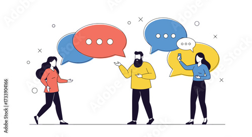 People communicating with each other through dialogue bubbles on a white background.