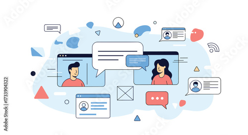 This illustration depicts a dynamic visual representation of online communication and virtual interaction methods.