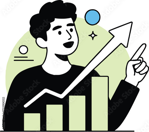 Vector art of a man pointing at a rising graph, symbolizing growth and success, set against a clean white backdrop