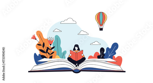 An open book with a person reading surrounded by plants and a hot air balloon floating in the sky.