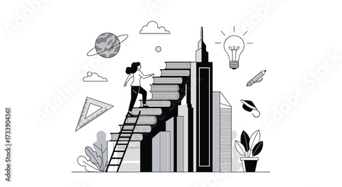 Climbing a staircase made of books towards knowledge and new ideas.