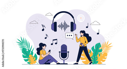 Two people are creating audio content using headphones and a microphone. They are surrounded by musical notes.