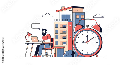 Illustration of a busy remote worker managing tasks efficiently near a large clock.