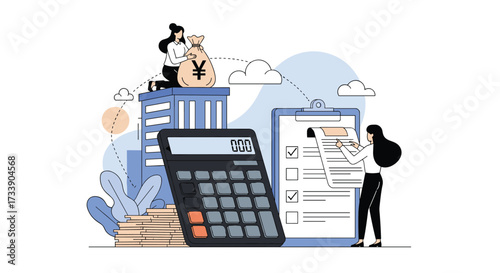 Financial accounting analysis using calculator and documents for business growth.