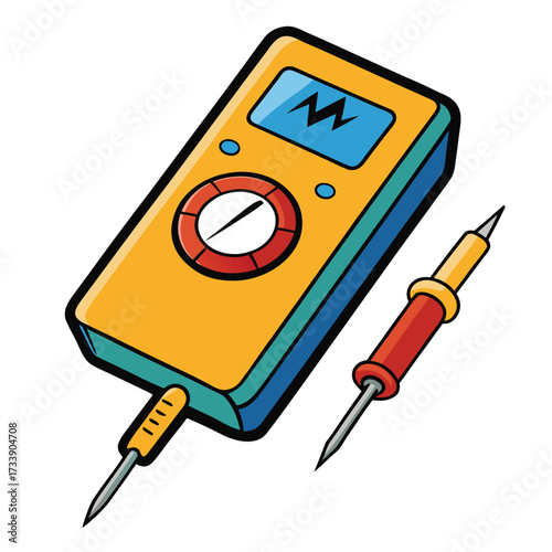 Cartoon illustration of a yellow digital multimeter with probes and a lightning bolt dial vector