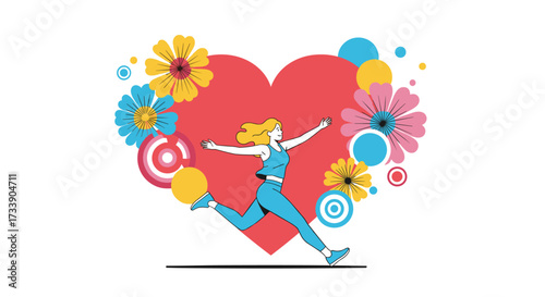 A woman runs with open arms in front of a large heart surrounded by flowers and circles.