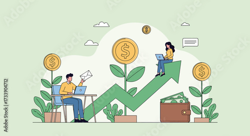 Illustrating the concept of financial growth with a rising arrow and blooming money trees.