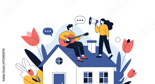 Couple sharing moments on their rooftop with flowers and music.