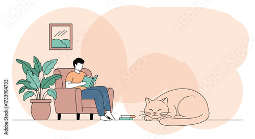 A person relaxing in an armchair reading a book while a cat naps peacefully nearby.