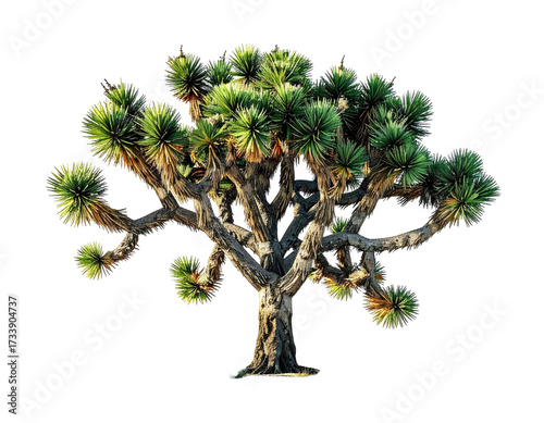 A desert tree with spiky, circular clusters of green leaves, isolated on black