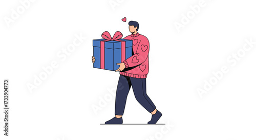 A man carries a large blue gift box tied with a red ribbon and a bow.