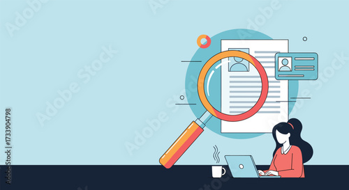 Analyzing resumes with a magnifying glass and a person using a laptop.