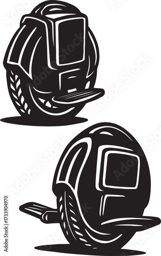Stylized black and white graphic illustration of two futuristic electric unicycles viewed from the side in a dynamic composition