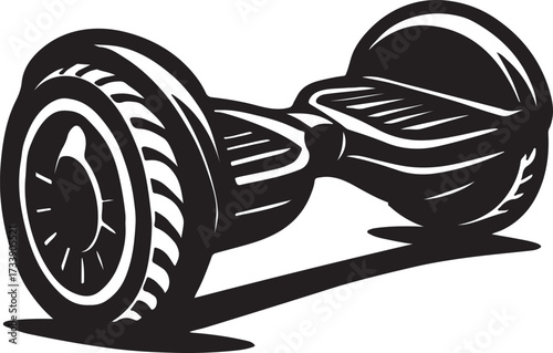 Stylized black and white woodcut illustration of a self balancing electric scooter casting a shadow on a white background