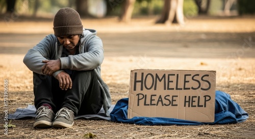 Homeless person sitting on the ground with a sign asking for help