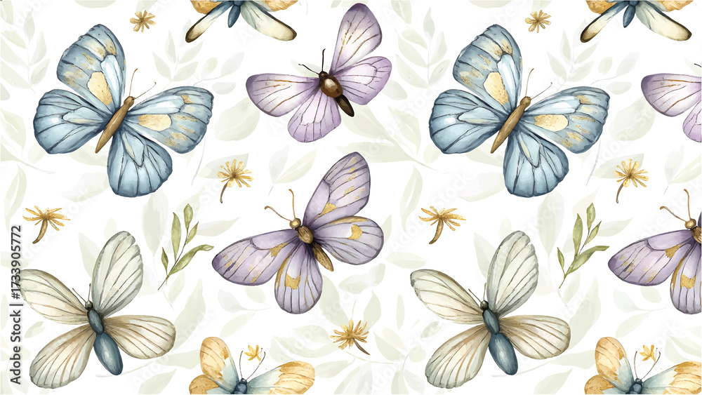 Obraz premium Seamless Pattern of Colorful Butterflies and Wildflowers