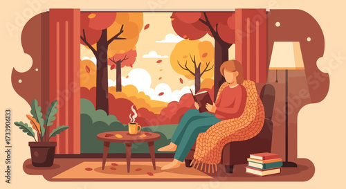 Woman reading at home flat color vector illustration. Lounge room. Person hold book with blanket on shoulder. Pets with owner in living room. Female flat illustration cartoon character with interior