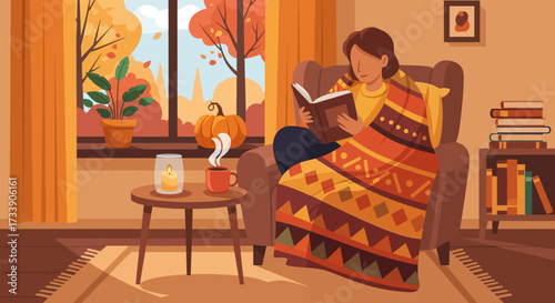 Woman reading at home flat color vector illustration. Lounge room. Person hold book with blanket on shoulder. Pets with owner in living room. Female flat illustration cartoon character with interior
