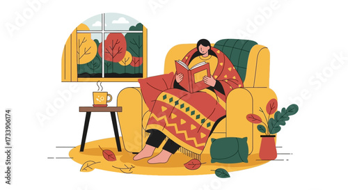 Woman reading at home flat color vector illustration. Lounge room. Person hold book with blanket on shoulder. Pets with owner in living room. Female flat illustration cartoon character with interior
