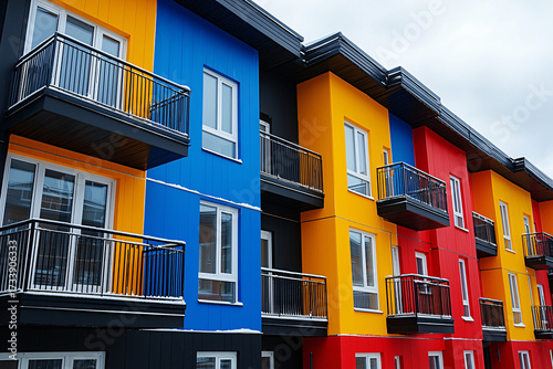 A vibrant display of modern apartment buildings featuring a mix of blue, yellow, red, and black paint, showcasing contemporary architecture and design.