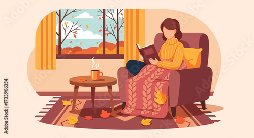 Woman reading at home flat color vector illustration. Lounge room. Person hold book with blanket on shoulder. Pets with owner in living room. Female flat illustration cartoon character with interior