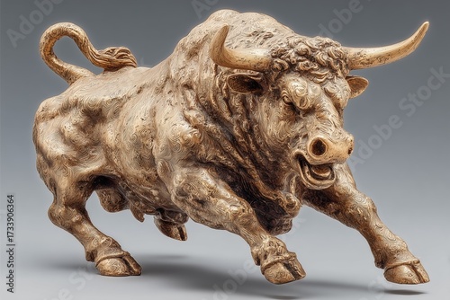Golden Charging Bull Sculpture with Exaggerated Muscles