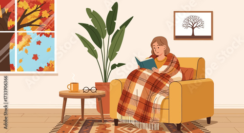 Woman reading at home flat color vector illustration. Lounge room. Person hold book with blanket on shoulder. Pets with owner in living room. Female flat illustration cartoon character with interior