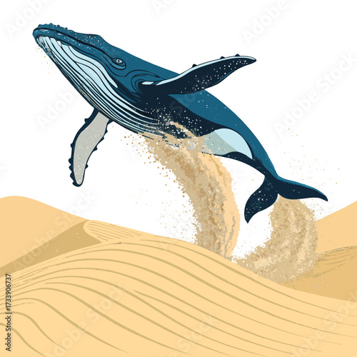 A majestic whale breaches from a sandy desert landscape.