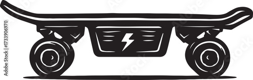 Stylized black and white woodcut illustration of a bull cart with a lightning bolt symbol representing electric power and energy