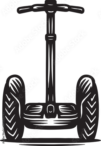 Stylized black and white illustration of a self balancing personal transporter with two large wheels and handlebars