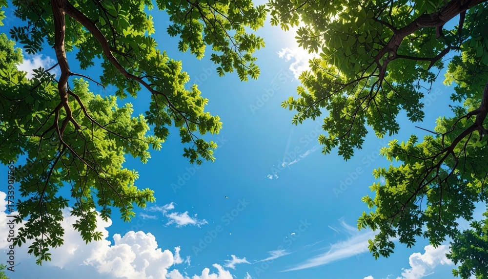 Obraz premium Looking Up at Green Tree Canopy with Bright Sunlight and Blue Sky with Clouds Summer Day Tranquil Scene in Nature with Warm Colors
