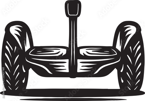 Stylized black and white illustration of a self balancing personal transporter with two large wheels and a central steering column