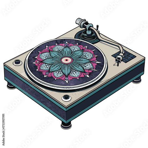 A vintage turntable with a mandala design on the platter. (63 chars).
