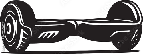 Stylized black and white woodcut illustration of a self balancing electric scooter on a white background